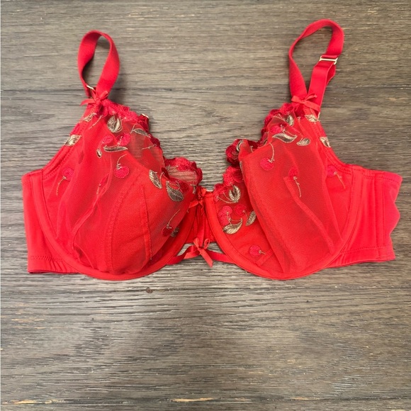 Cacique lane Bryant lightly lined French Balconette Red Embroidered Bra 40D - Picture 1 of 3